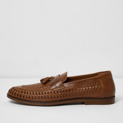 Tan woven leather loafers